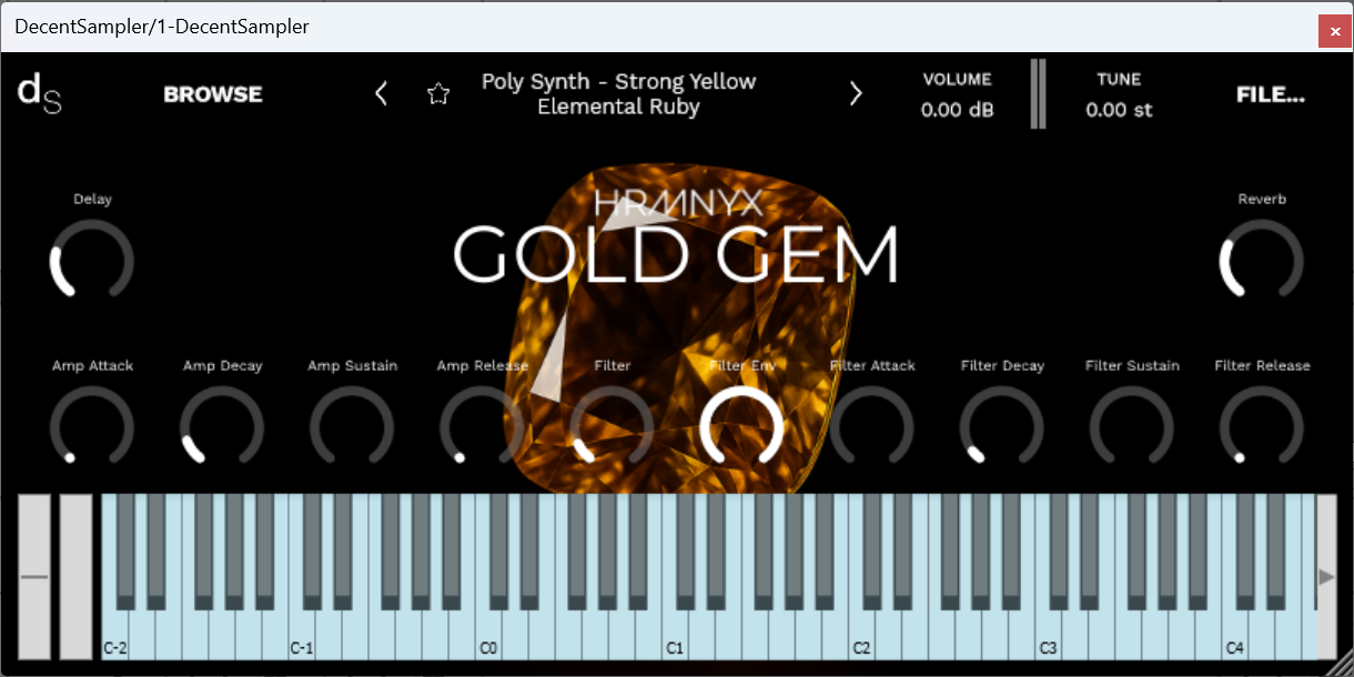 A screenshot of the Gold Gem Sample Library instrument interface in Decent Sampler.